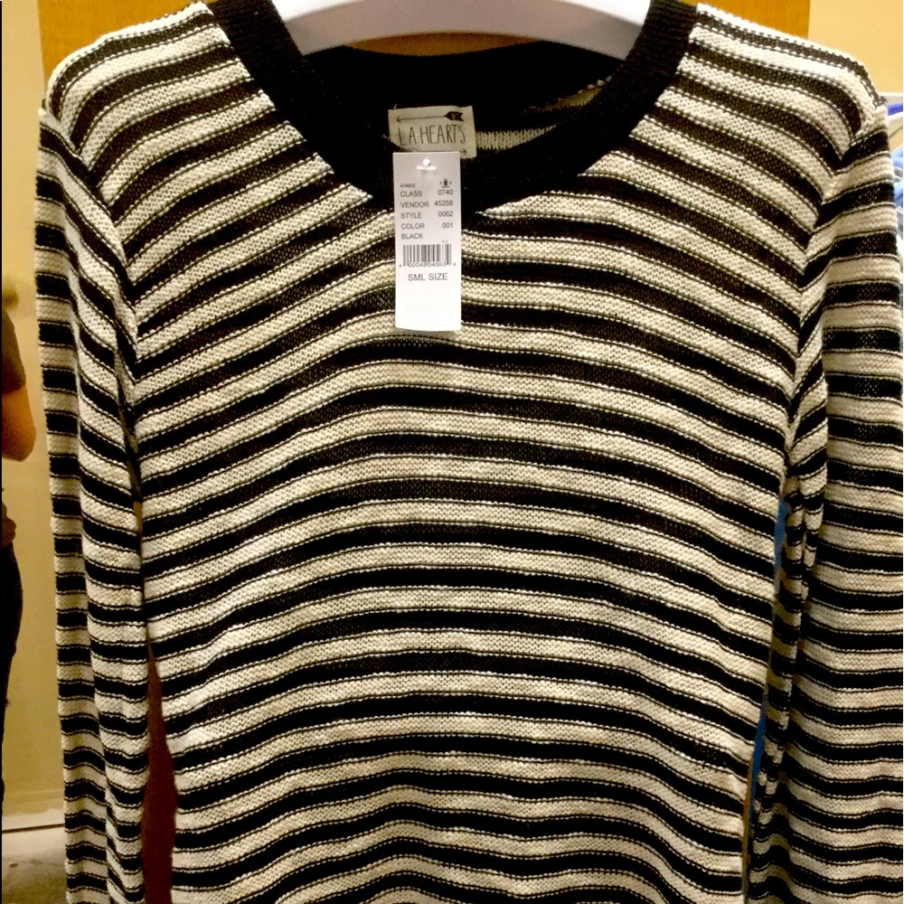 LA Hearts sweater. Black and cream striped
